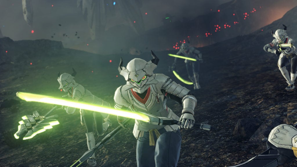 Capture d'écran du jeu Xenoblade Chronicles 3 montrant un combat épique avec des personnages principaux