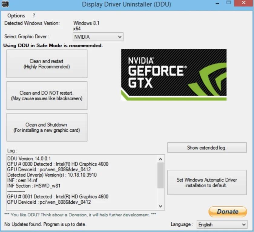 Capture d'écran de l'interface de désinstallation des drivers NVIDIA
