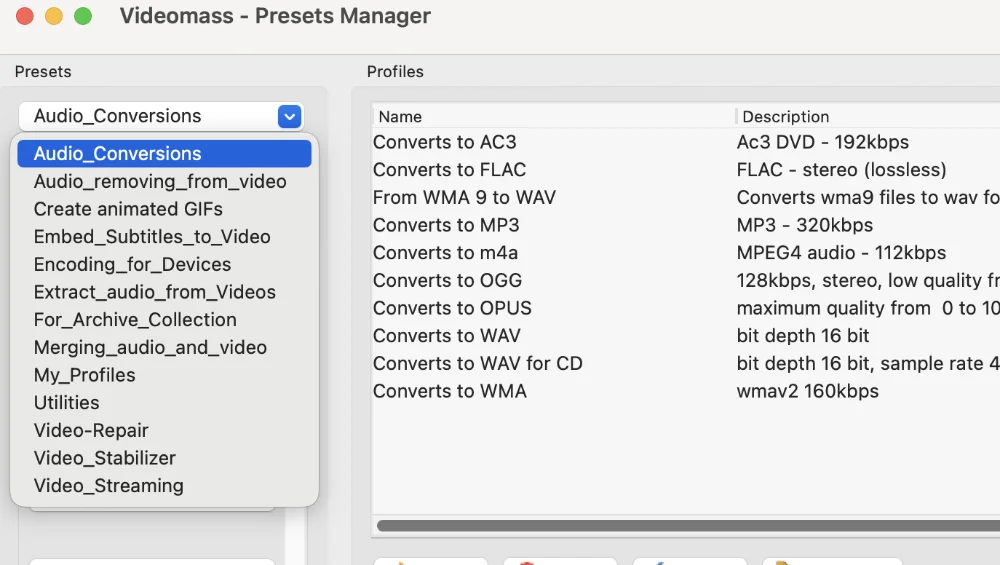 Capture d'écran de l'interface graphique pour FFMpeg et Youtube-DL avec les options de conversion de formats vidéo