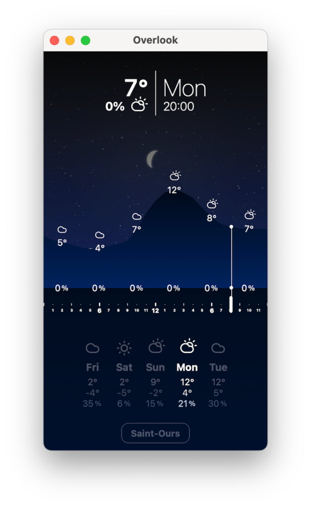Capture d'écran de l'interface de l'application Overlook Weather sur iOS