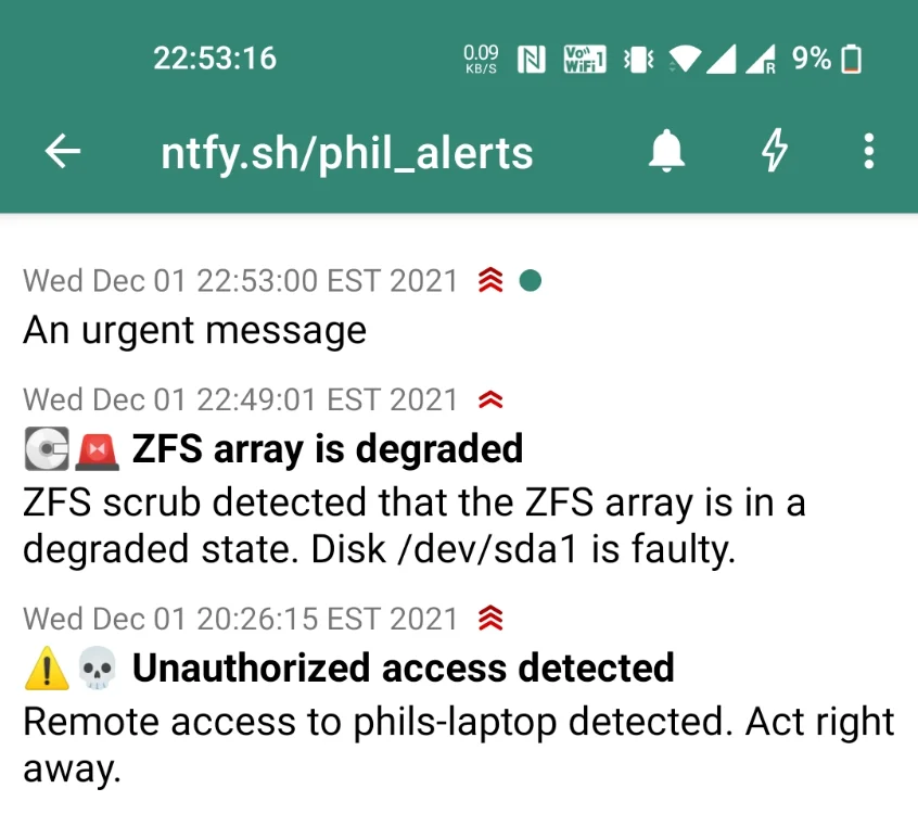 Capture d'écran d'une application de notifications push