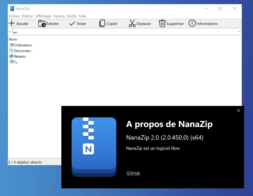Capture d'écran de l'interface de NanaZip avec une compression de fichiers