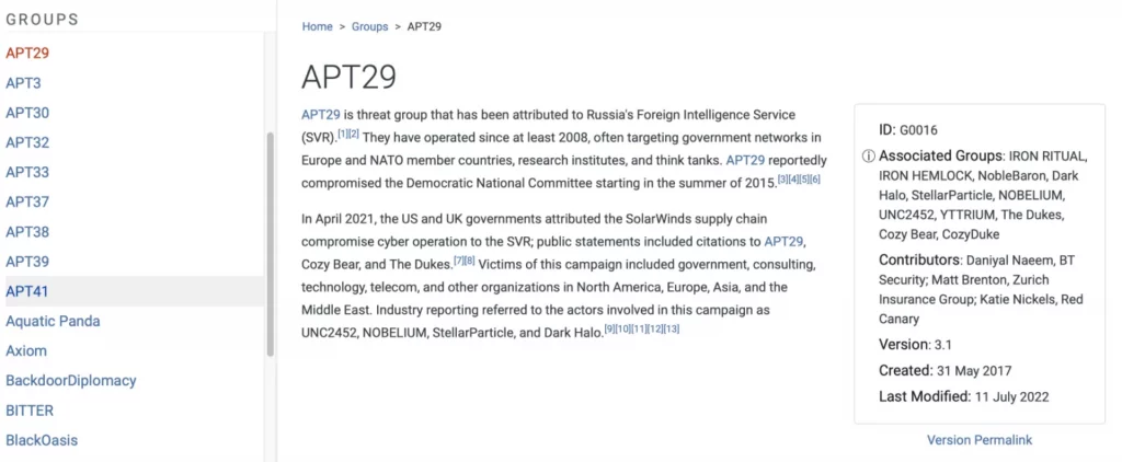 Capture d'écran d'un exemple de recherche sur ATT&CK