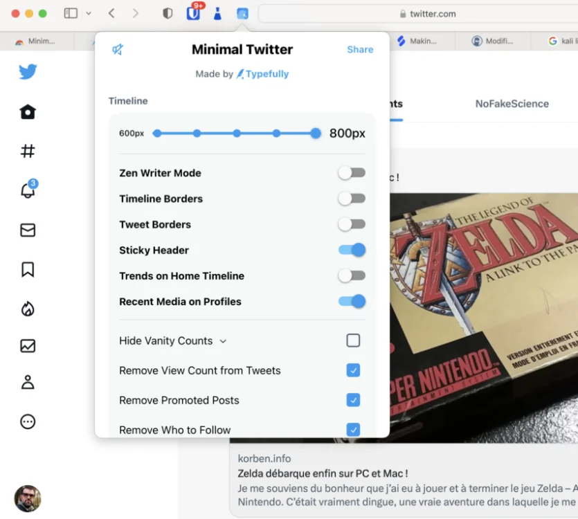 Capture d'écran de l'extension Twitter Cleaner en action sur l'interface de Twitter