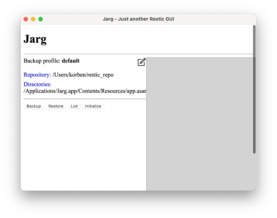 Capture d'écran de l'interface graphique Jarg pour Restic