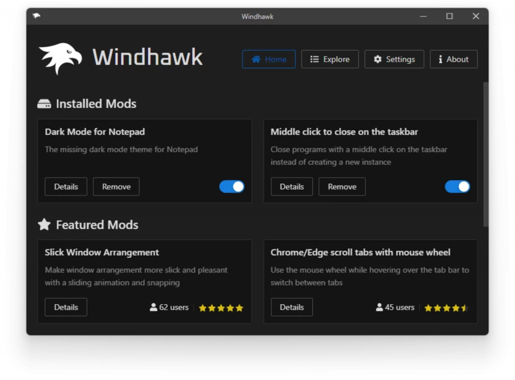 Capture d'écran de l'interface utilisateur du store de mods pour personnaliser Windows