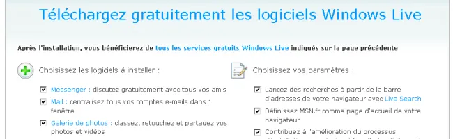 Capture d'écran de l'interface de Windows Live Pack pour Windows 64 bits