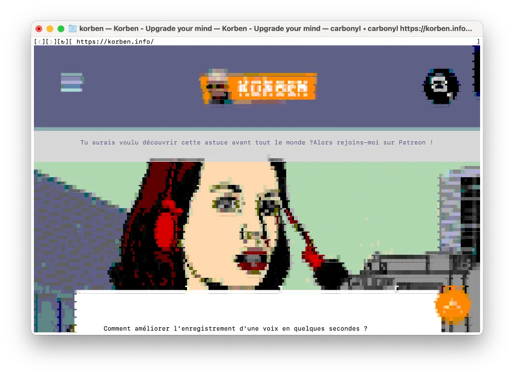 Capture d'écran de la page d'accueil de Carbonyl avec un moteur de recherche intégré