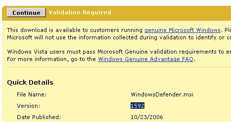 Capture d'écran de la page d'accueil de Windows Defender avec un message d'avertissement