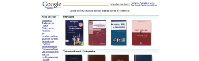 Capture d'écran de la page d'accueil de Google Books avec la barre de recherche en évidence