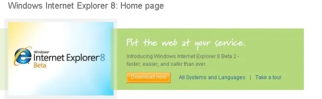 Capture d'écran de la page d'accueil de Internet Explorer 8 Beta 2
