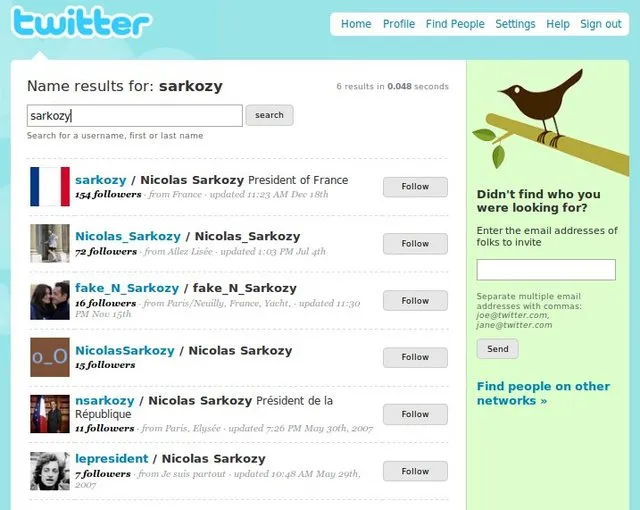 Capture d'écran de la page d'accueil de Twitter avec la barre de recherche de personnes mise en évidence
