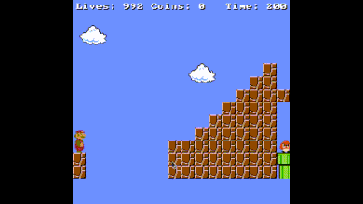 Capture d'écran du jeu MarioGPT montrant Mario sautant sur un Goomba