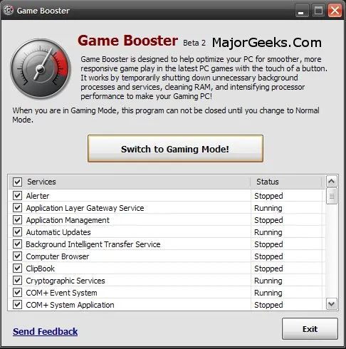 Capture d'écran du logiciel Game Booster en train d'optimiser les performances du PC