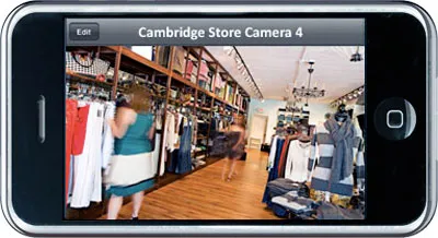 Capture d'écran de l'application SmartVue sur iPhone montrant la surveillance en temps réel de plusieurs caméras de sécurité