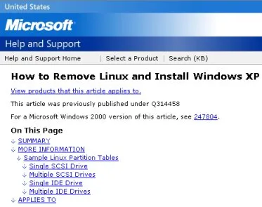 Capture d'écran montrant le menu de désinstallation de Linux et le CD d'installation de Windows XP