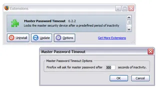 Capture d'écran montrant la configuration du timeout pour le Master password dans Firefox