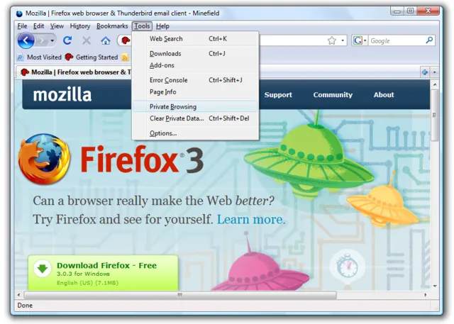 Capture d'écran de la fenêtre Private Browsing dans Firefox