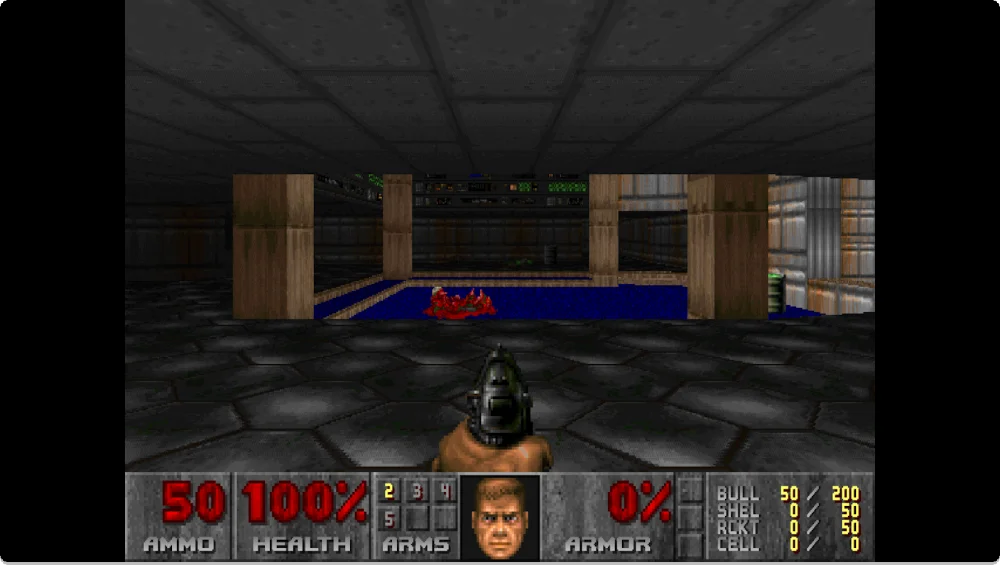 Capture d'écran du jeu DOOM Retro montrant un marine en train de combattre des monstres dans une ambiance sombre et sanglante.