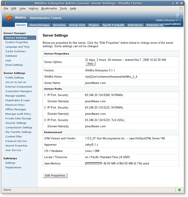 Capture d'écran de la configuration de Prosody pour la VoIP et le chat