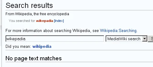 Capture d'écran montrant la boîte de dialogue de correction automatique de Wikipedia avec la suggestion de correction pour le terme de recherche 'Wikipédia'.